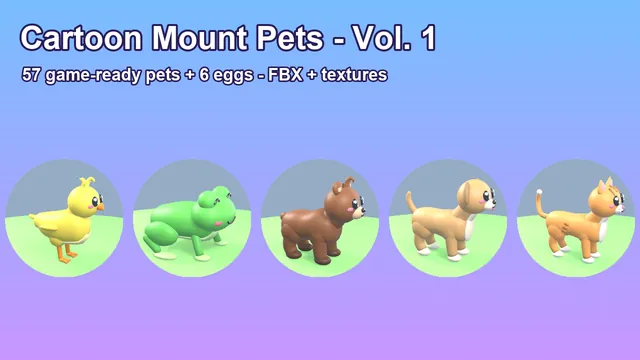 Cartoon Mount Pets Vol. 1: a chick, a frog, a bear, a dog and a cat in cartoon 3D style