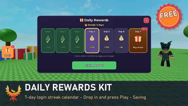 Daily Rewards Kit: a 7-day login streak calendar in a Roblox game