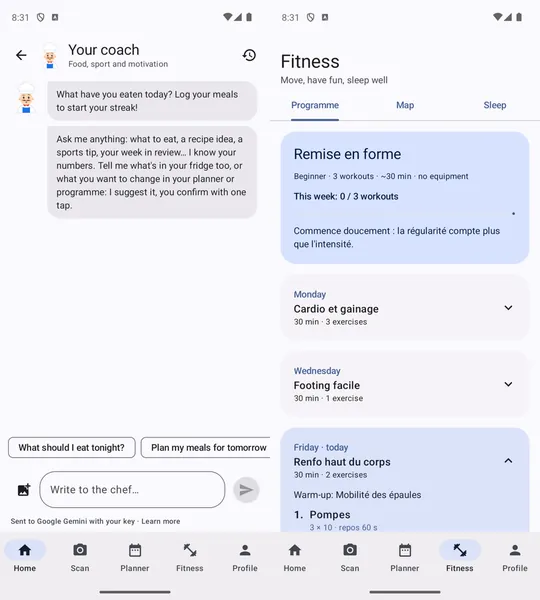 Two Lifoody screens: the AI coach chat and the weekly fitness programme
