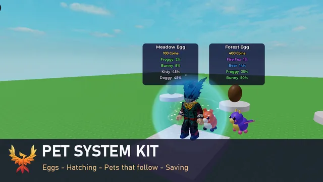 Roblox Pet System Kit: egg stands showing hatch odds, and pets following a player