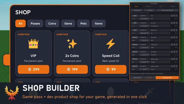 Shop Builder plugin: a generated Roblox shop with game passes next to the plugin window in Studio