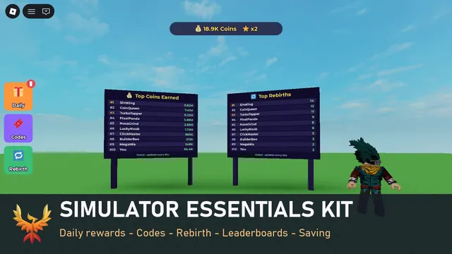 Simulator Essentials Kit: daily rewards, codes and rebirth buttons with global leaderboards in a Roblox world